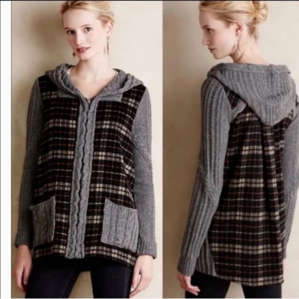 Anthropologie Cable Knit Plaid Hooded Wool Jacket Sweater ZIP BOHO indie grunge